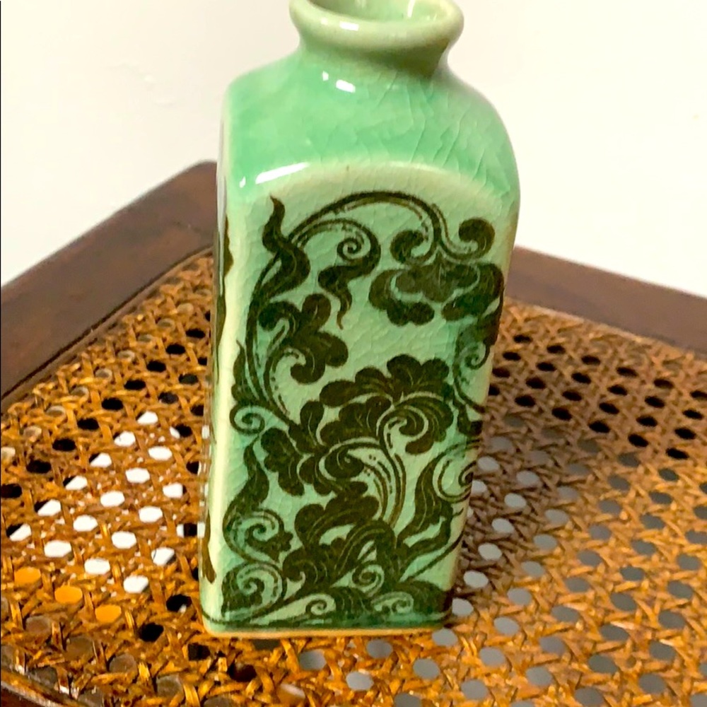 Green Decorative Ceramic Vase with Floral Scroll Design